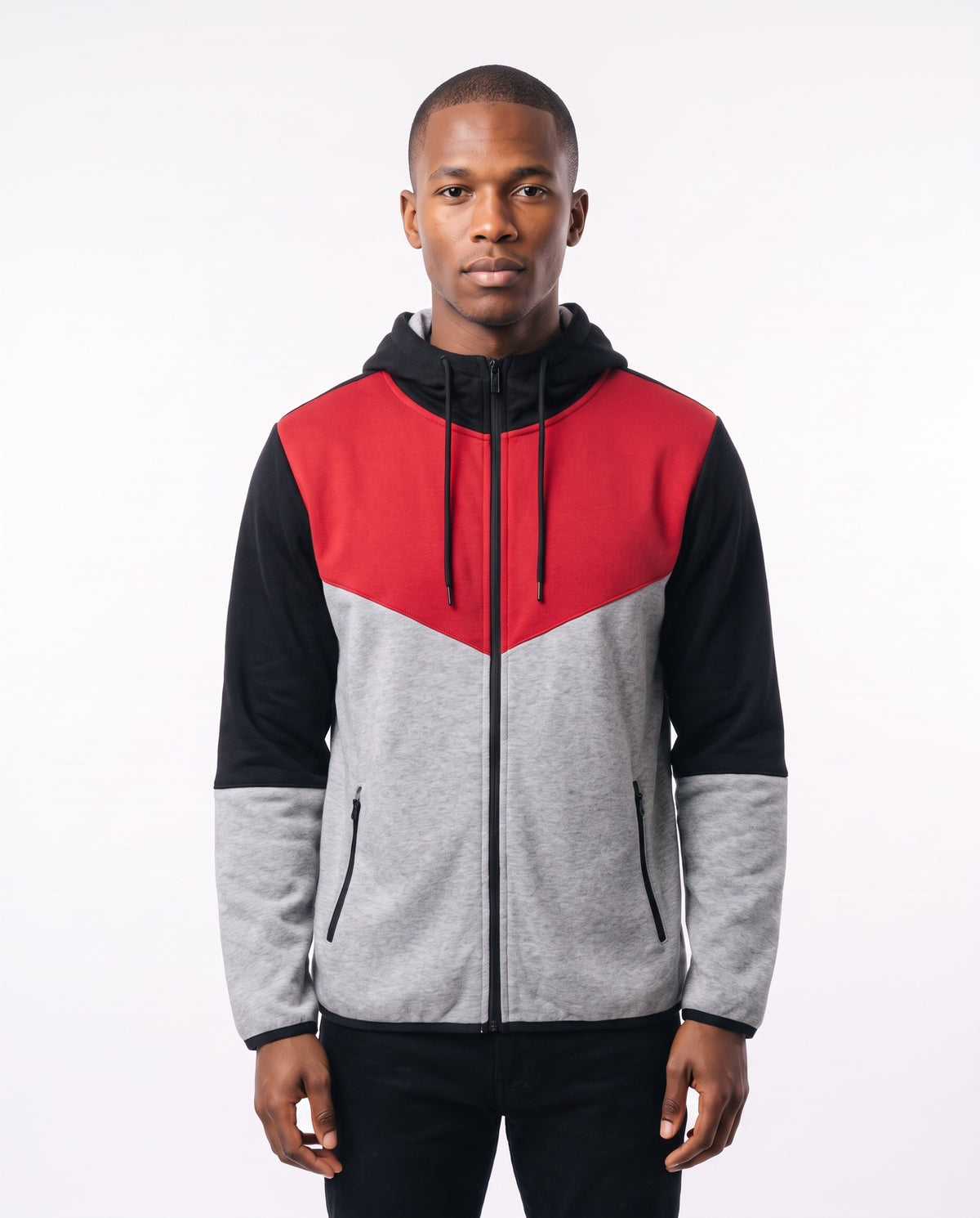 Akademiks Colour Block Zip Hoodie - Red/Grey