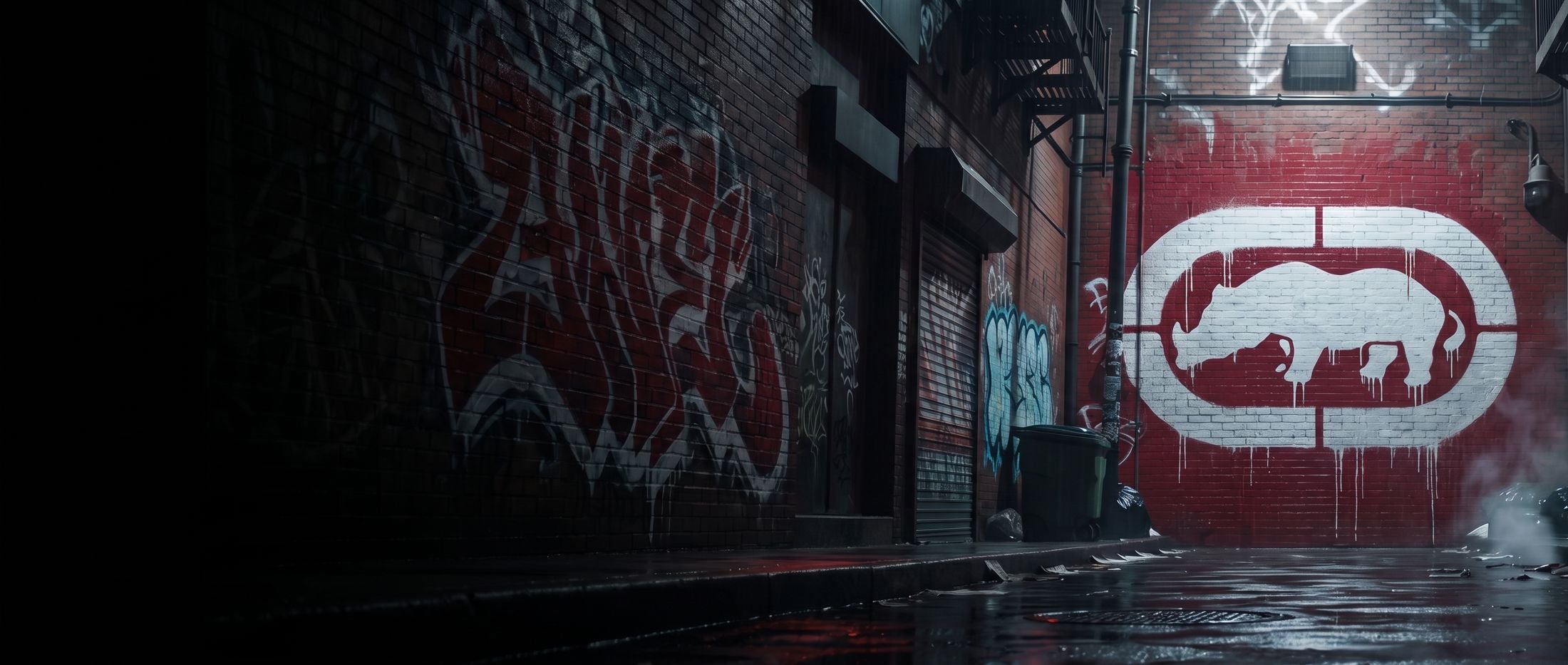 Graffiti-covered alley with a red and white rhino mural
