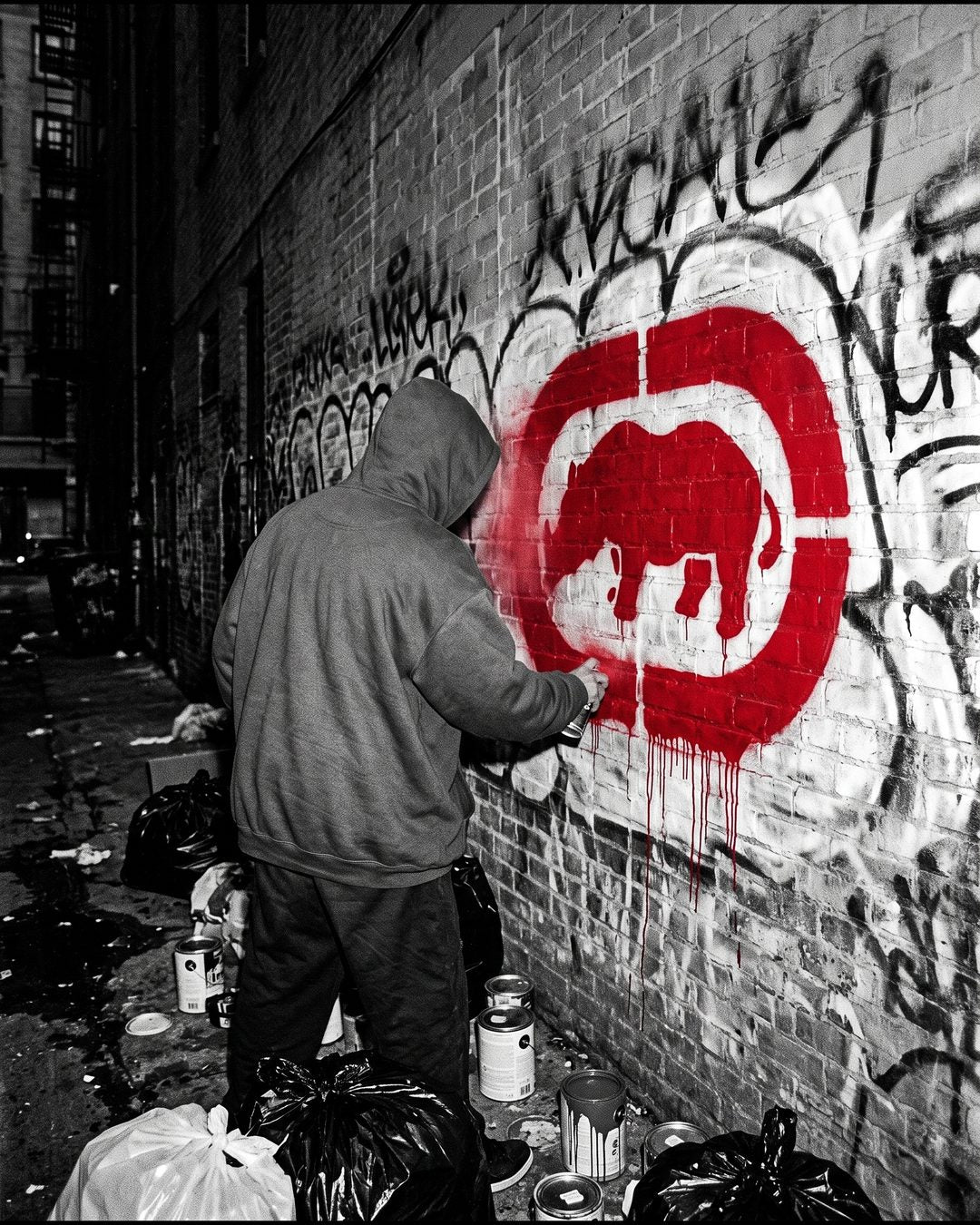 Graffiti writer spraying the red rhino badge on an alley wall